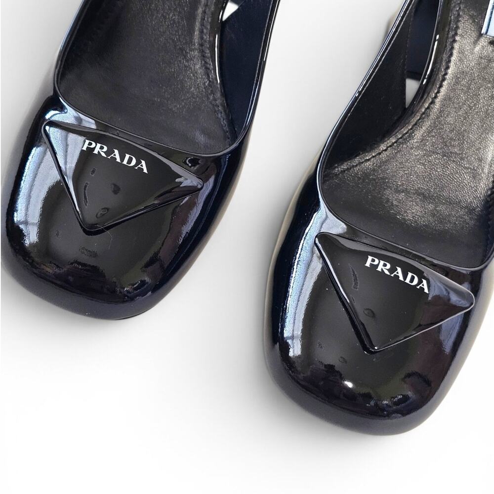 Prada Vernice Black Patent Leather Slingback Block Heel Pumps Triangle Logo 38 - Picture 7 of 11